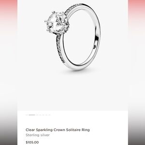 Pandora Clear Sparkling Crown Solitaire Ring Sterling Silver Size 7